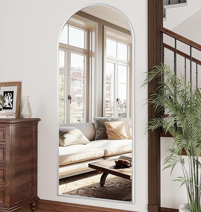 OGCAU Arched Full Length Mirror, 70"x26" Floor Body Mirror with Stand, Wall Mounted Hanging, Standing or Leaning with Aluminum Frame for Bedroom Living Room (White)