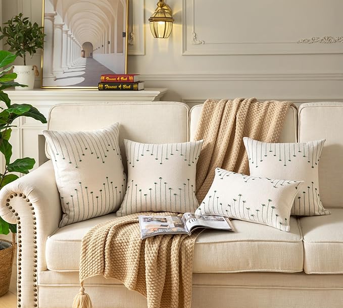 Caflife Boho Throw Pillow Covers 24x24 Set of 2 Decorative Pillows for Bed, Neutral Pillow Covers Beige with Green Line Throw Pillows for Modern Farmhouse Couch Sofa Living Room Outdoor