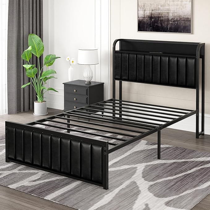 VECELO Twin Bed Frame with Headboard, Upholstered Platform Bedframe, Heavy Duty Metal Slats, No Box Spring Needed, Easy Assembly, PU Black