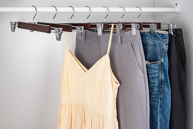 Amber Home 10 Pack 14.17" Solid Walnut Wooden Pant Skirt Hangers, Bottom Hangers for Slacks Trousers Jeans with 2-Adjustable Anti-Rust Clips (Walnut, 10 Pack)