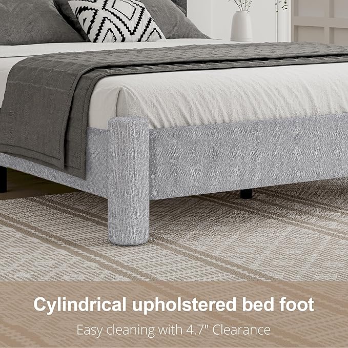 Queen Size Bed Frame, Boucle Upholstered Platform Bed with Headboard and Footboard, Soft Rounded Corners, No Box Spring Required, Easy Assembly, Light Grey