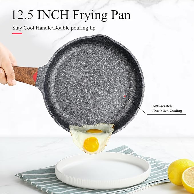 Vinchef 12.5" Non Stick Frying Pans, Skillet with Lid Used for All Stoves, Induction Non Toxic Cookware, Cooking Pans Nonstick Capable of Kitchen