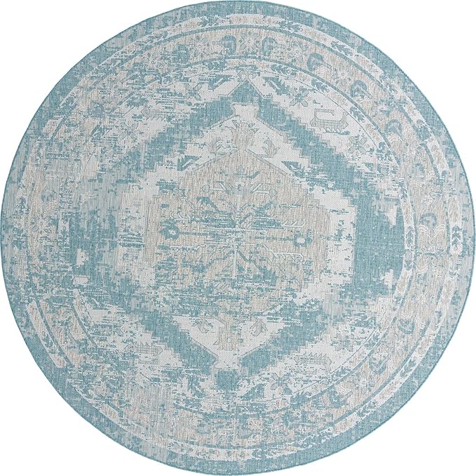 Unique Loom Outdoor Traditional Collection Area Rug - Valeria (10' Round, Aqua/ Ivory)