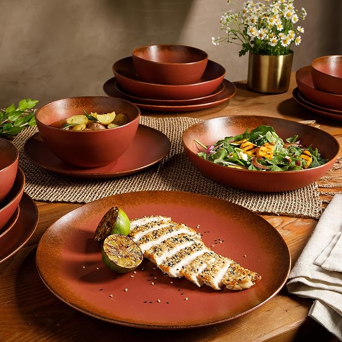 Bloomhouse - Oprah's Favorite Things - Palermo Sun Double Bowl Stoneware Reactive Glaze Plates and Bowls Dinnerware Set - Paprika Red, Service for Four (16pcs)