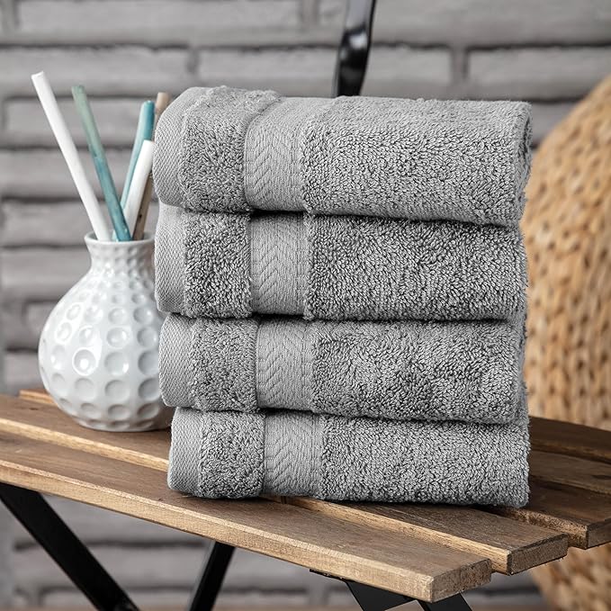 TEXTILOM 100% Turkish Cotton 4 Piece Luxury Washcloth Towel Set for Bathroom & Kitchen, Thick & Super Soft & Highly Absorbent & Quick Dry for Face and Hand- Grey
