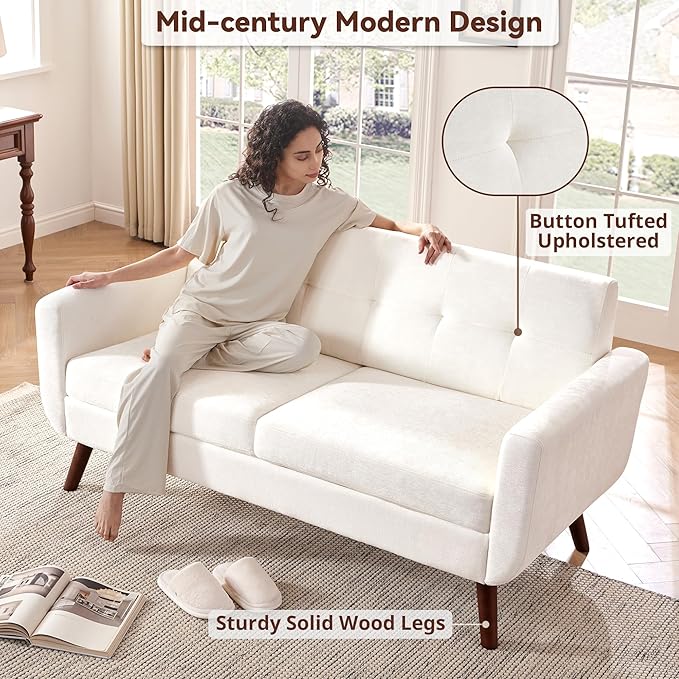 Tbfit 65" W Loveseat Sofa, Mid Century Modern Couches Love Seats for Living Room, Button Tufted Upholstered Small Couch for Bedroom, Solid and Easy to Install Love Seats Furniture, White
