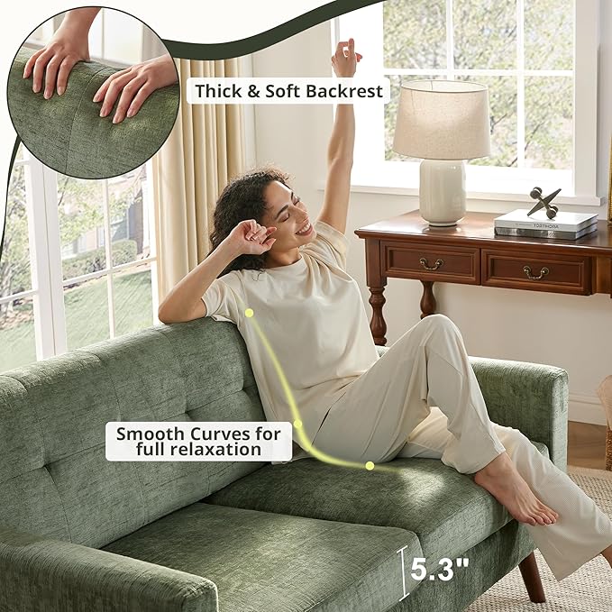 Tbfit 65" W Loveseat Sofa, Mid Century Modern Couches Love Seats for Living Room, Button Tufted Upholstered Small Couch for Bedroom, Solid and Easy to Install Love Seats Furniture, Green