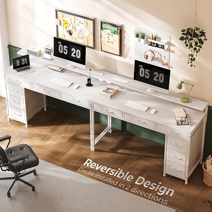 Huuger Gaming Desk with 6 Drawers, Computer Desk with LED Lights Power Outlets and Type-C, 47 Inch Office Table with Storage, Monitor Stand, Writing & Work Home Office, Bedroom, Study, White