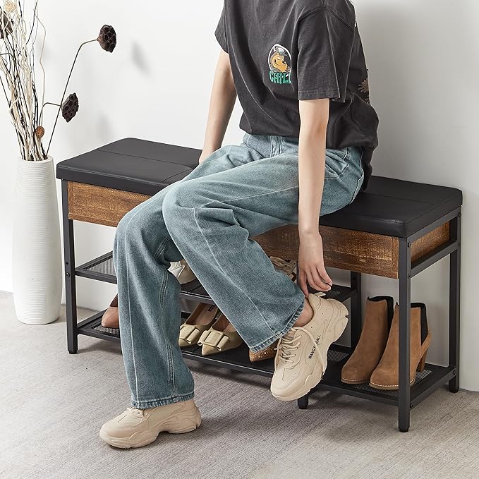 Shoe Rack Bench with Upholstered Cushion, Shoe Storage Bench with Adjustable Shelf and Hidden Storage Compartment for Hallway Entryway Living Room Rustic Brown (2-Tier)