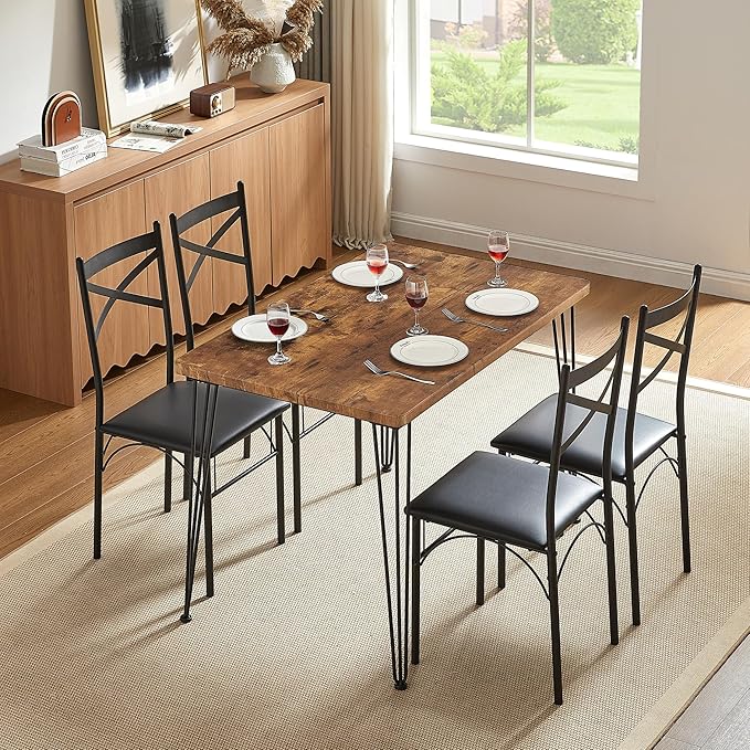VECELO Kitchen Dining Room Table Set with 4 Chairs for Small Space, Apartment,Metal Steel Frame