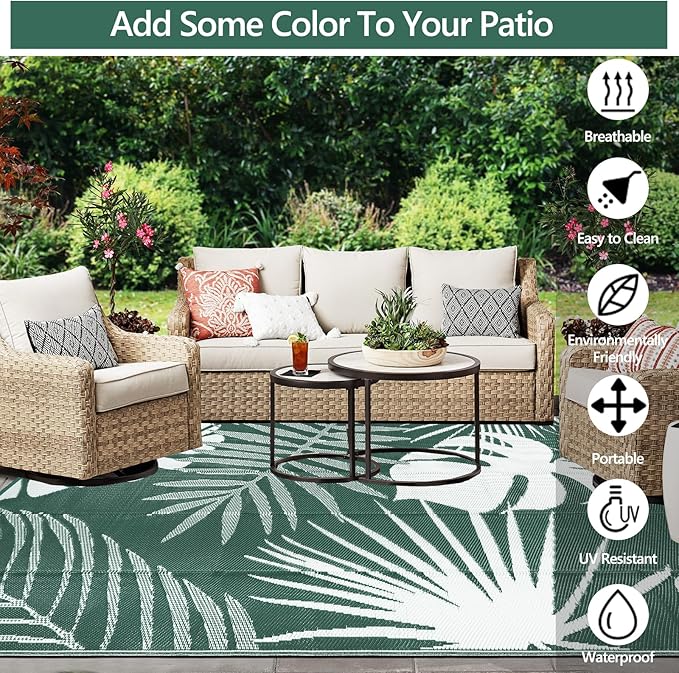 Waterproof Outdoor Rug 6x9 ft, Reversible Plastic Straw Mat with Leaf Pattern, Large Floor Mat for Patio, Camping, Picnic, Backyard RV, Deck, Dark Green