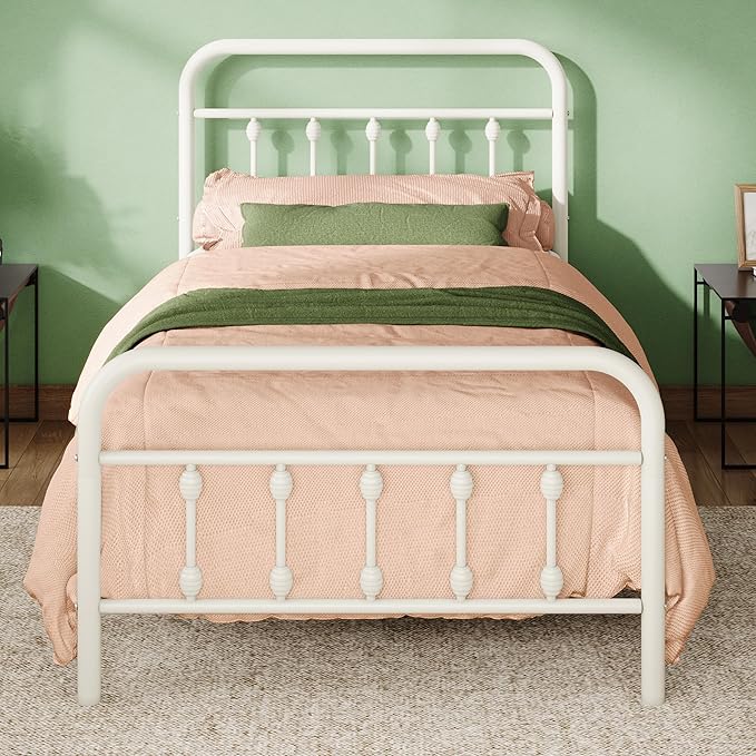 Allewie 14 Inches Twin Size Metal Platform Bed Frame with Victorian Style Iron-Art Headboard/Footboard, Mattress Foundation, Easy Assembly, Under Bed Storage, No Box Spring Required, White
