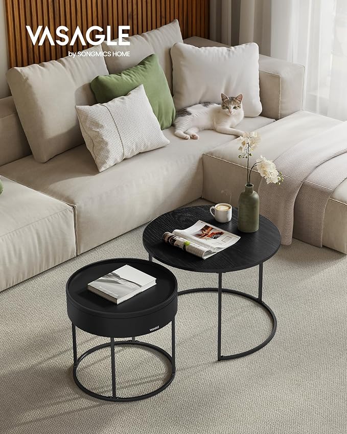 VASAGLE Round Coffee Tables, Set of 2 Nesting Tables, Modern Round Side Tables with Hidden Storage and Top Tray, for Living Room, Bedroom, Office, Ebony Black and Ink Black ULCT044B56