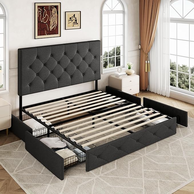 Allewie Upholstered Full Size Platform Bed Frame with 4 Storage Drawers and Headboard, Diamond Stitched Button Tufted, Mattress Foundation with Wooden Slats Support, No Box Spring Needed, Dark Grey