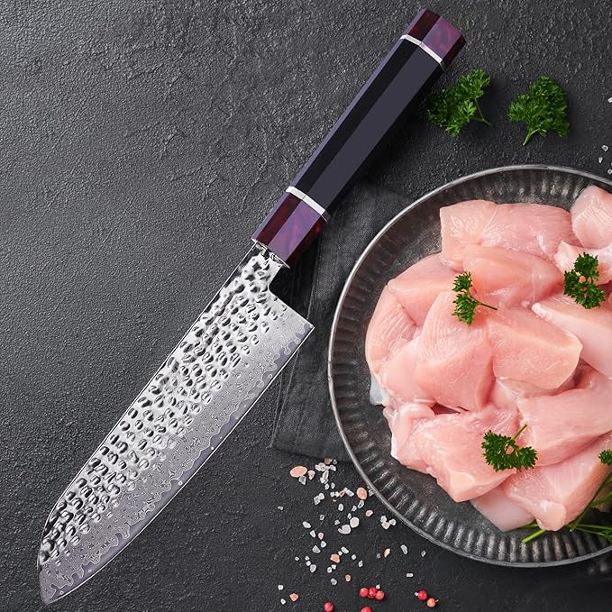 FINDKING Eternity Series Japanese Santoku Knife with ABS sheath, Professional Kitchen Knife, 9Cr18MoV Damascus Steel Blade, Resin Octagonal Handle, for Meat, Fruits, Vegetables, 7 Inches