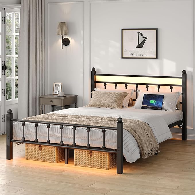 Full Bed Frame with Smart LED Lights, Storage Headboard and USB Charging Station,Heavy Duty Wooden Slats, No Box Spring Needed, Noise Free, Easy Assembly (Retro Black, Full)