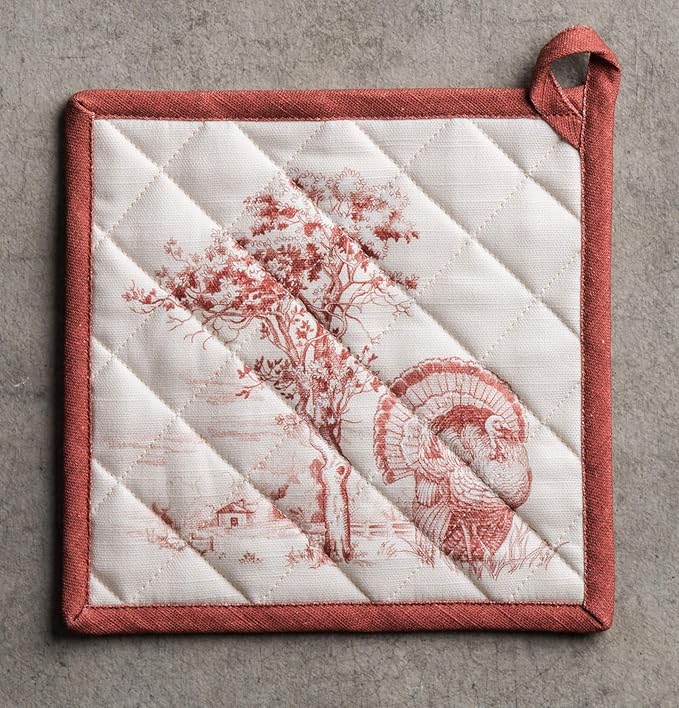 Maison d' Hermine Pot Holders 100% Cotton Heat Resistant Potholders 8" x 8" Hot Pads with Loop for Thanksgiving Christmas Decorations BBQ Cooking Baking Handling Hot Pans (Pack of 1, Holy Jouy - Red)