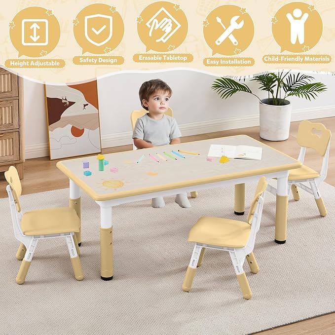 Adjustable Kids Table Chairs Set – Graffiti Desktop, Multi-Activity Height-Adjustable Toddler Study Desk for Ages 3-8 – Ideal for Home, Classroom, Daycare (W-Brown, 4 Chairs-47.2" L x 23.6" W)
