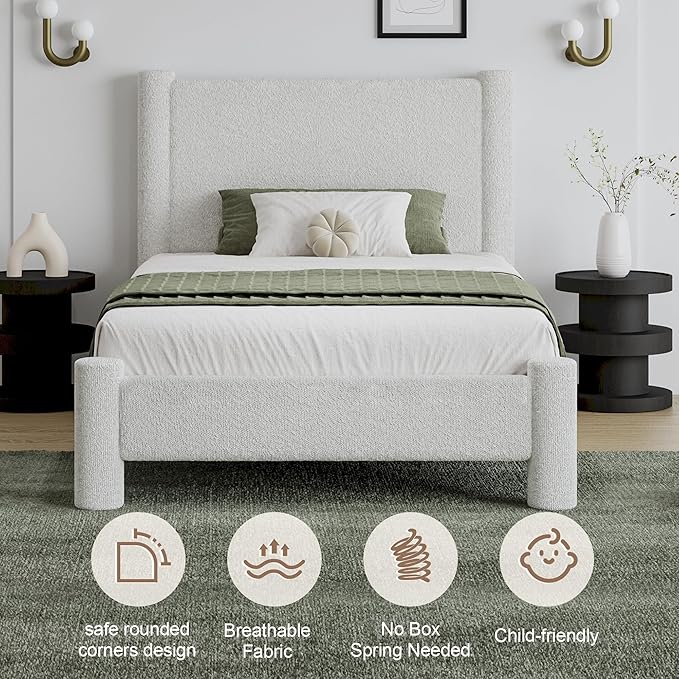 Twin Size Bed Frame, Boucle Upholstered Platform Bed with Headboard and Footboard, Soft Rounded Corners, No Box Spring Required, Easy Assembly, White