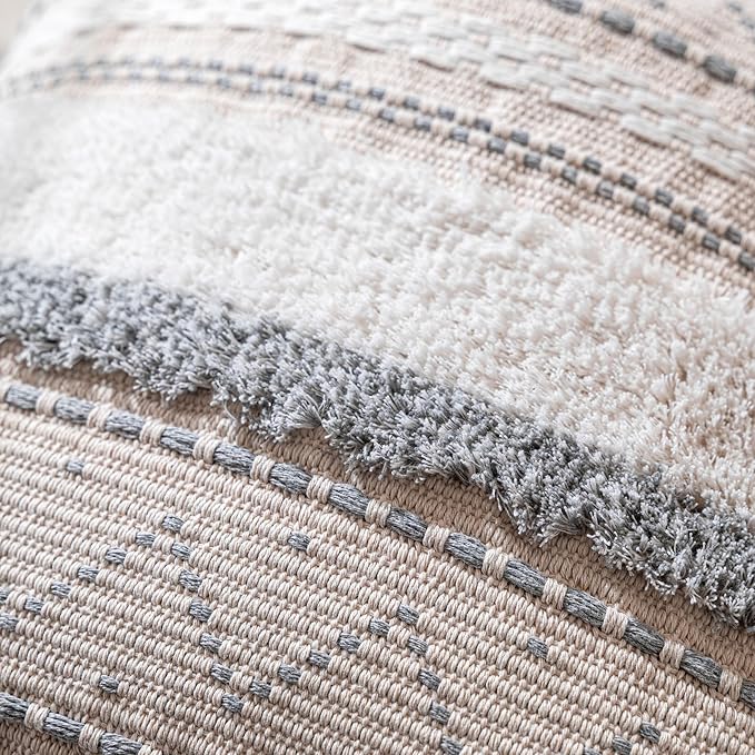 Gray Decorative Throw Pillow Cover 18x18 Square Boho Neutral White Accent Pillowcase Tassels Farmhouse Cushion for Couch Sofa Bedroom Living Room Home Décor (Cover ONLY, Pack of 1)