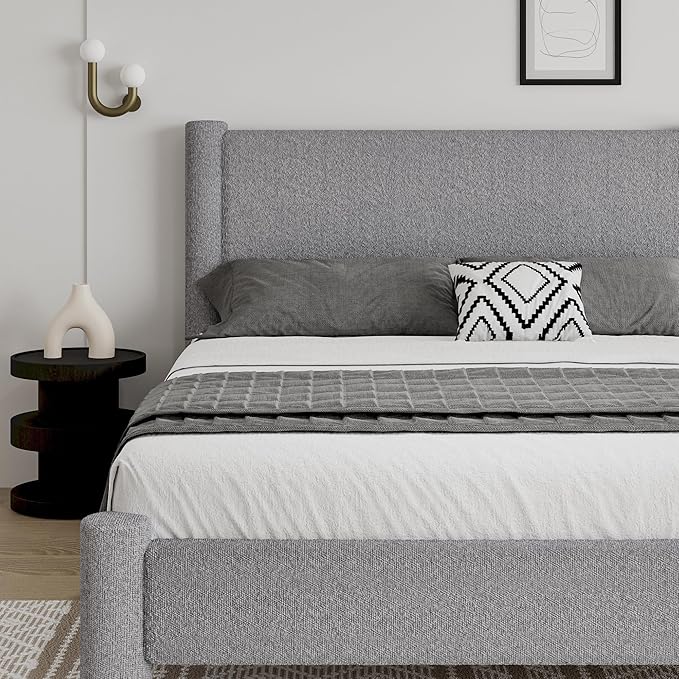 Queen Size Bed Frame, Boucle Upholstered Platform Bed with Headboard and Footboard, Soft Rounded Corners, No Box Spring Required, Easy Assembly, Light Grey