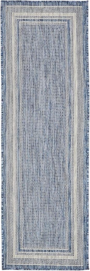 Unique Loom Outdoor Border Collection Area Rug - Soft Border (2' x 6' 1" Runner, Blue/ Ivory)