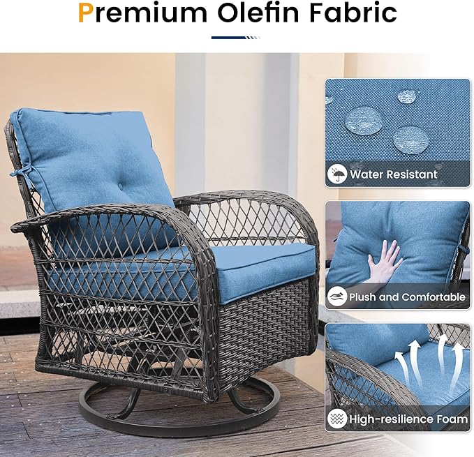 UDPATIO Patio Furniture Set 360 Swivel Chair 3 Piece Patio Set Wicker Outdoor Chair with Coffee Table for Yard, Bistro, Balcony, Blue