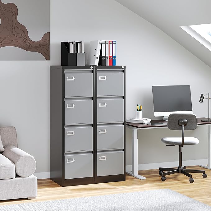 4 Drawer File Cabinet, Vertical Filing Cabinets with Lock, Metal File Cabinets for Home Office, Anti-Tip 4 Storage Drawers for Letter/Legal/A4/F4 Size (Assemble Required, Black)