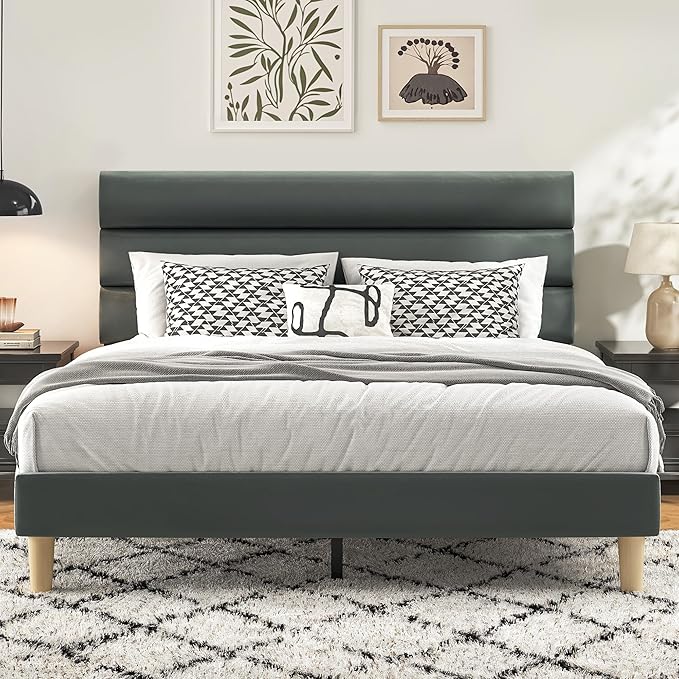 Queen Bed Frame, Platform Bed Frame with Velvet Upholstered Headboard, No Box Spring Needed, Sturdy Metal Support, Noise Free, Easy Assembly, Modern Bedroom Furniture, Grey