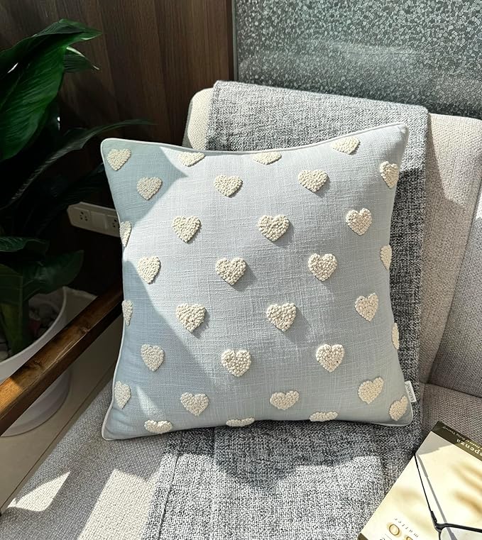 VAGMINE Hand Embroidered French Knotted Hearts Pillow Cover - 18x18 Inches Square - 100% Cotton Robins Egg Decorative Cushion Cover - Romantic Gift for Couples - Valentine’s Bedroom Decor