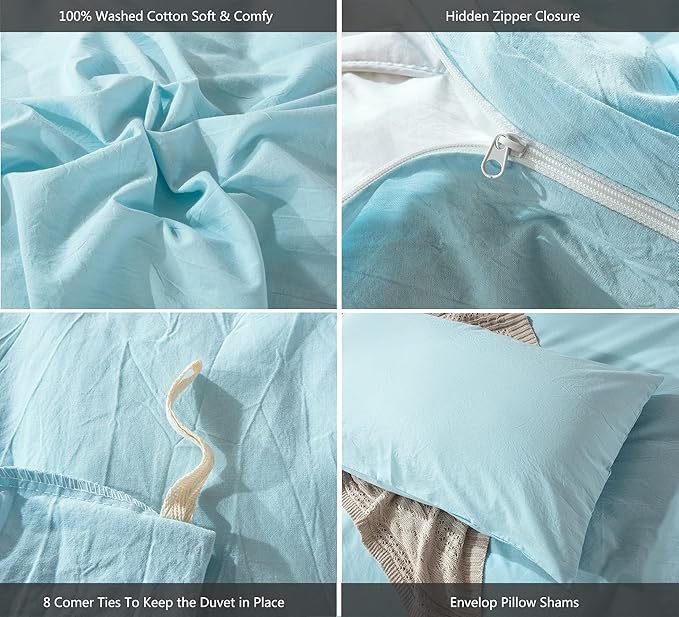 MooMee Bedding Duvet Cover Set 100% Washed Cotton Linen Like Textured Breathable Durable Soft Comfy (Heathered Light Blue, King 104"x90")