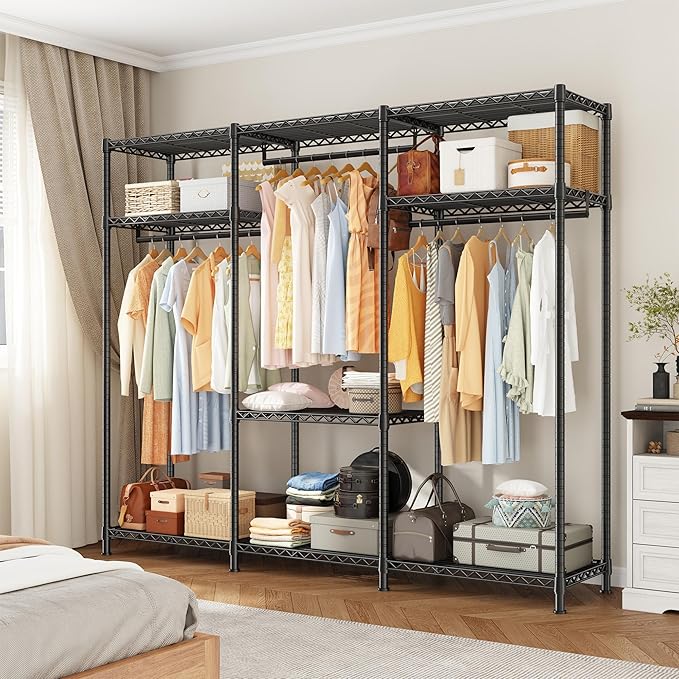 Raybee Heavy Duty Clothes Rack Load 800 LBS, Adjustable Clothing Racks for Hanging Clothes, Clothing Rack with Shelves for Bedroom,Basement 56''W x 15.7''D x 75.4''H, Black