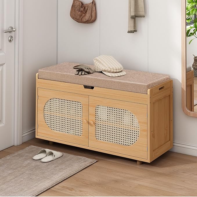 Rattan Shoe Storage Bench,Bamboo Entryway Bench, 2-Tier Shoe Rack,35.4" W x 12.6" D x 19.7" H with 2 Doors & Padded Seat Cushion for Entryway, Living Room, Bedroom, Natural