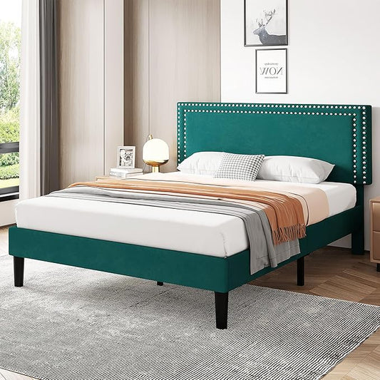 VECELO Full Size Bed Frame with Adjustable Upholstered Headboard, Wooden Slats Platform, Noise-Free Design, No Box Spring Needed, Easy Assembly