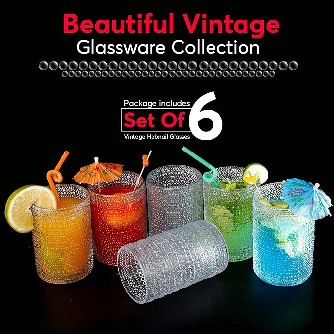 Hobnail Drinking Glasses, Vintage Glassware Set of 6, Vintage Drinking Glasses 14.54 oz, Bubble Glasses Drinking, Hobnail Glasses, Vintage Glass Cups, Jupiter Glasses for Juice, Soda, Beer, Whisky