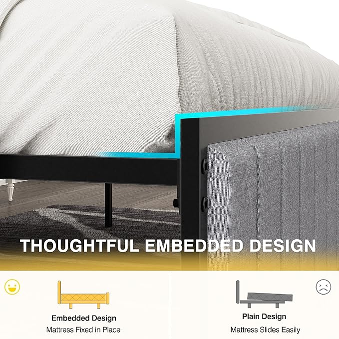 VECELO Bed Frame Full Size with Headboard, Upholstered Platform Bedframe, Heavy Duty Metal Slats, No Box Spring Needed, Easy Assembly, Grey