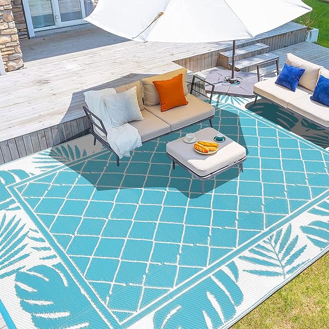 Ileading Outdoor Rug Carpet for Patio 6' x9' Waterproof Reversible Plastic Straw Rug Portable Outside Area Rug Camping Mat for Patio, Clearance, Balcony, Picnic, Pool, Beach, RV, Deck, Leaf Teal