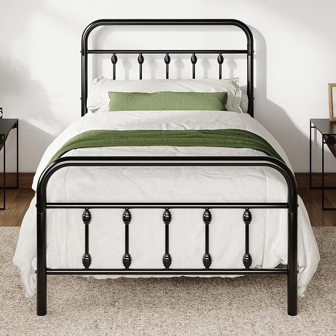 Allewie 14 Inches Twin Size Metal Platform Bed Frame with Victorian Style Iron-Art Headboard/Footboard, Mattress Foundation, Easy Assembly, Under Bed Storage, No Box Spring Required, Black