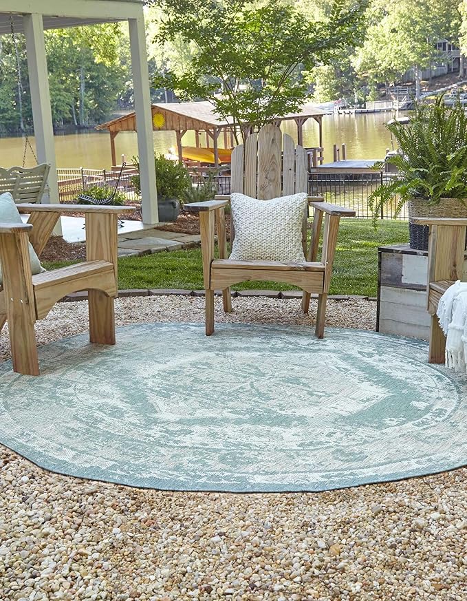Unique Loom Outdoor Traditional Collection Area Rug - Valeria (13' Round Aqua/Ivory)