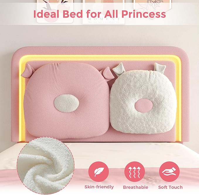 Twin Size Upholstered Bed Frame with LED Lights, Girls Bed with Adjustable Chic Double Headboard, Boucle Princess Platform Bed for Kids/Girls, Solid Wood Slats Support, No Box Spring Needed, Pink