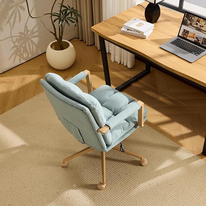 VINGLI Comfy Linen Office Desk Chair With Wheels &Detachable Cushions& Wood-like Armrests,Swivel Small Computer Task Chair,Adjustable for Girl Makeup Vanity,Teen/Kids Study,Nail Tech,Sewing,Teel Green