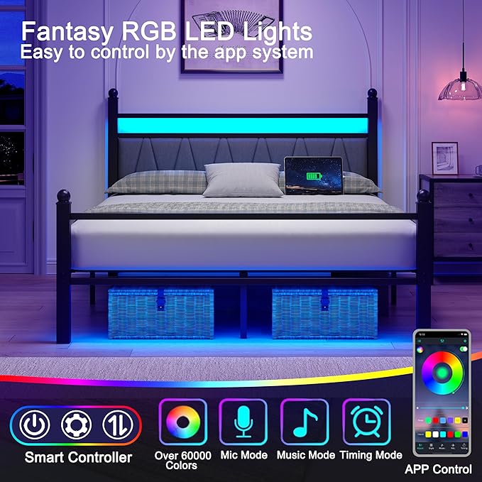 Full Bed Frame with Smart LED Lights, Storage Headboard and USB Charging Station,Heavy Duty Wooden Slats, No Box Spring Needed, Noise Free, Easy Assembly (Modern Black, Full)