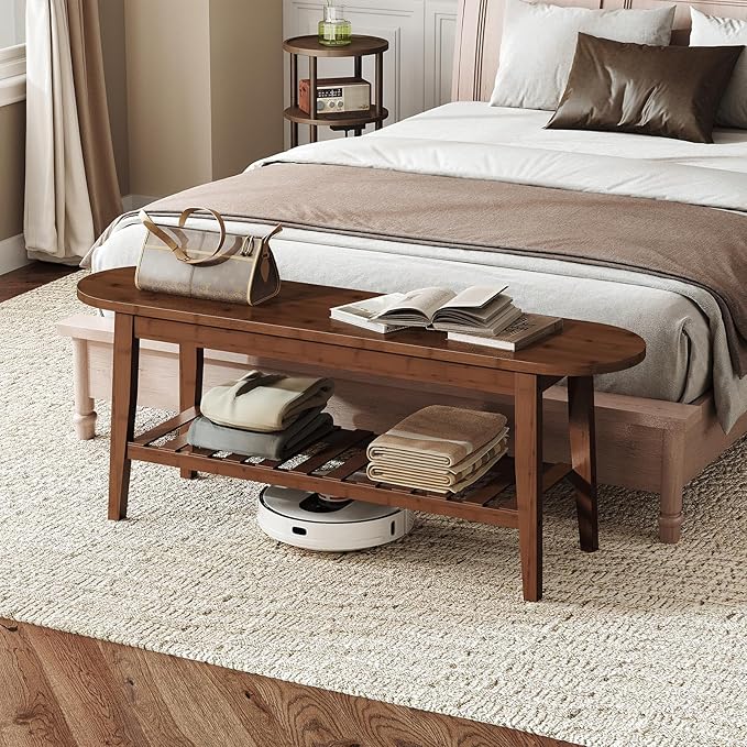 HOOBRO Dining Bench, 2-Tier Bamboo Farmhouse Entryway Bench, Indoor Storage Wooden Bench for Living Room, Dining Room, Hallway, Bedroom, Entryway, Bathroom, Brown BR06CD01