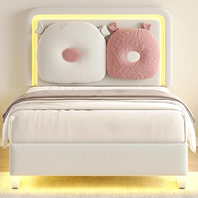 Twin Size Upholstered Bed Frame with LED Lights, Girls Bed with Adjustable Chic Double Headboard, Boucle Princess Platform Bed for Kids/Girls, Solid Wood Slats Support, No Box Spring Needed, Beige