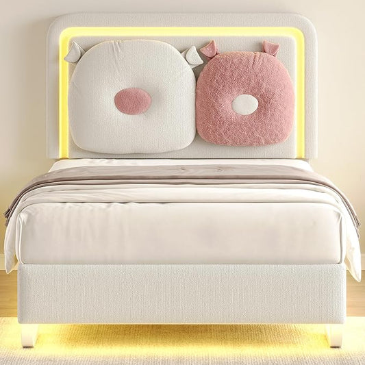 Twin Size Upholstered Bed Frame with LED Lights, Girls Bed with Adjustable Chic Double Headboard, Boucle Princess Platform Bed for Kids/Girls, Solid Wood Slats Support, No Box Spring Needed, Beige
