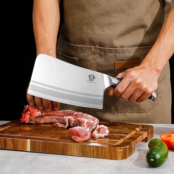 WILDMOK Meat Cleaver Knife, 7 Inch Heavy Duty Bone Chopper, German Stainless Steel Butcher Knife with Black Pakkawood Handle, Chinese Cleaver for Kitchen