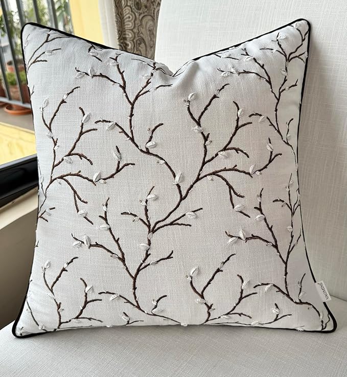 VAGMINE Embroidered Pussy Willow Throw Pillow Cover - 18x18 Inches Square - 100% Cotton Ivory Decorative Cushion Cover - Floral Embroidery - Soft Neutral Accent for Sofa, Bed, Couch, Farmhouse Décor