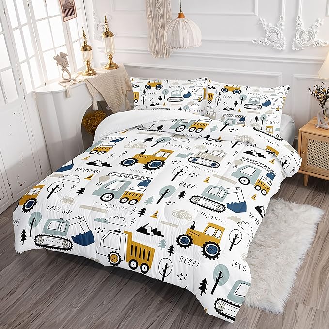 Kids Cartoon Excavator Bedding Comforter Sets for Boy and Girls,Construction Truck Bulldozer Tree Pattern Comforter Set with 2 Pillowcase and 1 Comforter(Excavator Full)