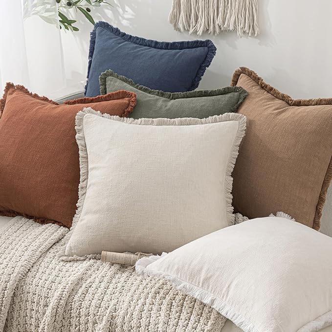 MIULEE Decorative Throw Pillow Covers Neutral Linen Fringe Throw Pillows Euro Shams Set of 2 Light Olive Green Boho Farmhouse Cushions for Couch Sofa Bed Living Room Spring Home Decor 26x26 Inch