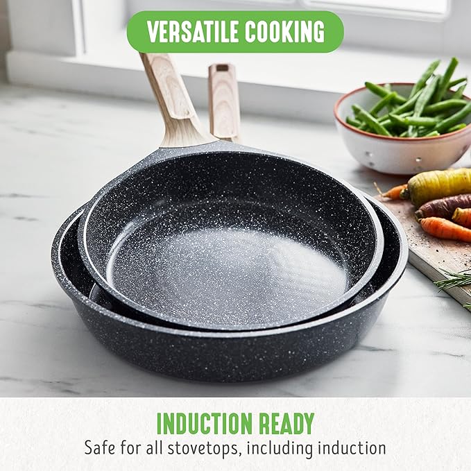 GreenLife Nonstick 2 Piece Frying Pan Set, 9.5" & 11" Skillets Ceramic PFAS-Free Nontoxic, Induction Suitable, Wood Print Handles, Stay-Cool Handles, Deep Cooking Skillets, Egg Pan, Granite Black